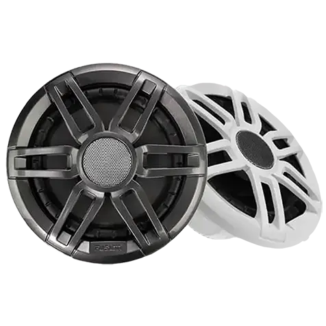 Photo of two Fusion Marine Audio speakers in dark grey and white.