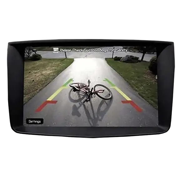 JC Installs Reversing Camera Installation in a driveway A bike that has fallen over in a driveway, viewed through a reversing camera screen